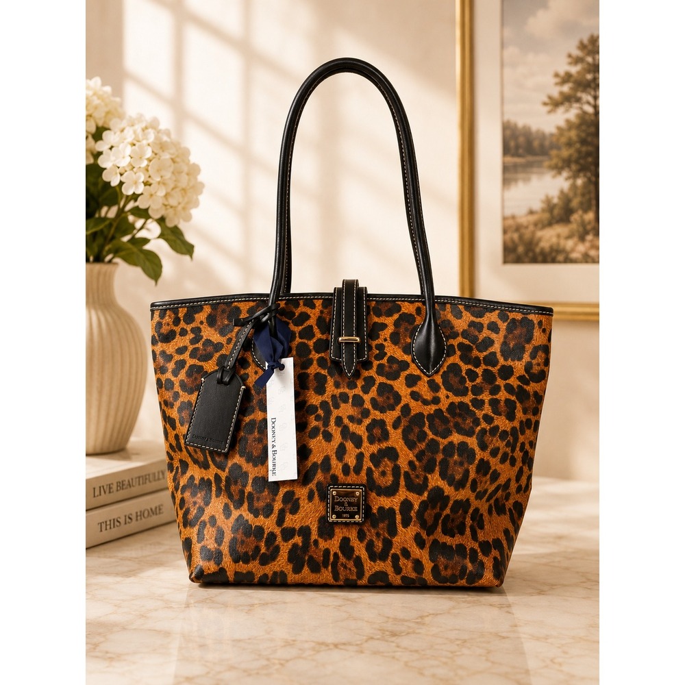 Dooney & Bourke Leopard Print Tote Bag Black Leather Trim J8729947 Large Shopper
